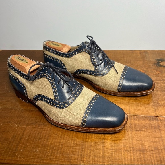 Romano Martegani for Francos handmade brogue oxford blue leather cream linen 9.5 - Picture 5 of 15